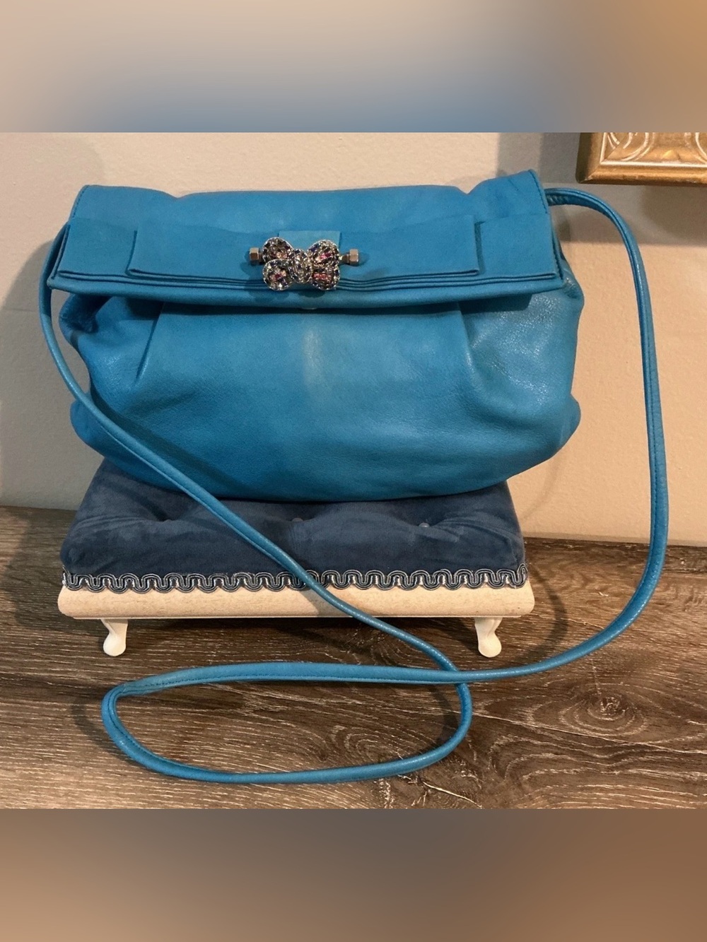 Renato Angi Turquoise Leather Rhinestone Bow Crossbody Shoulder Bag Clutch Vint